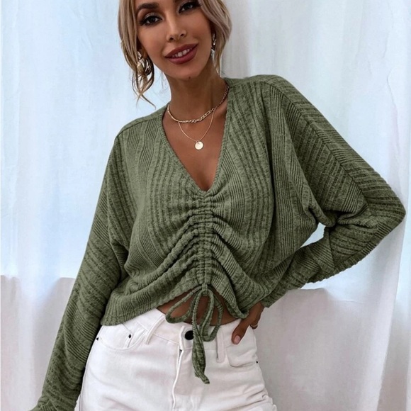 Green Ruched Knit Sweater - Picture 1 of 5